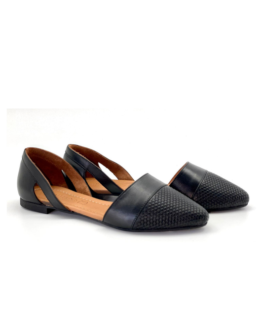 Women’s Woven Toe Ballet Flats – Black Cut-Out Leather Shoes – Model 3001