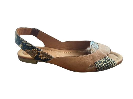 Brown Snake-Effect Leather Flats with Elastic Back
