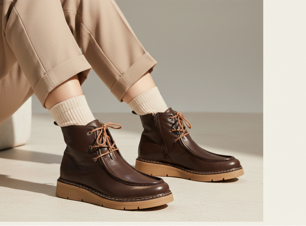 Brown leather boots worn with beige pants and white socks on a light background